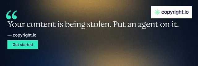 X header for copyright.io: "Reposts don't remove themselves." Swiss style, quote layout, dark palette in grey, black, blue.