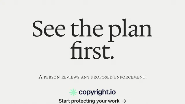 Landscape graphic for copyright.io: "See the plan first." Editorial style, smallcaps layout, light palette in white.