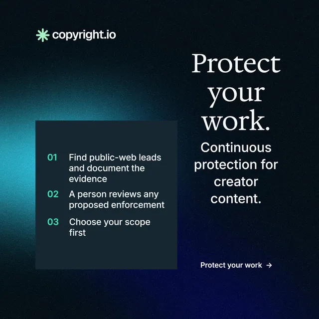 Instagram post for copyright.io: "Protect your work." Minimal luxury style, skeleton layout, dark palette in black, blue.