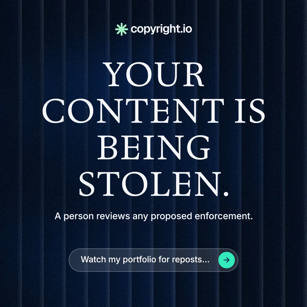 Instagram post for copyright.io: "Your content is being stolen." Agentic glass style, centred layout, dark palette in black, blue.