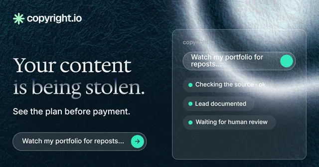 Social ad for copyright.io: "Your content is being stolen." Agentic glass style, bottom layout, dark palette in blue, black, grey.