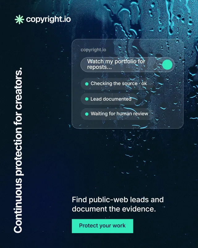 Instagram portrait post for copyright.io: "Continuous protection for creators." Swiss style, vertical layout, dark palette in blue, black.