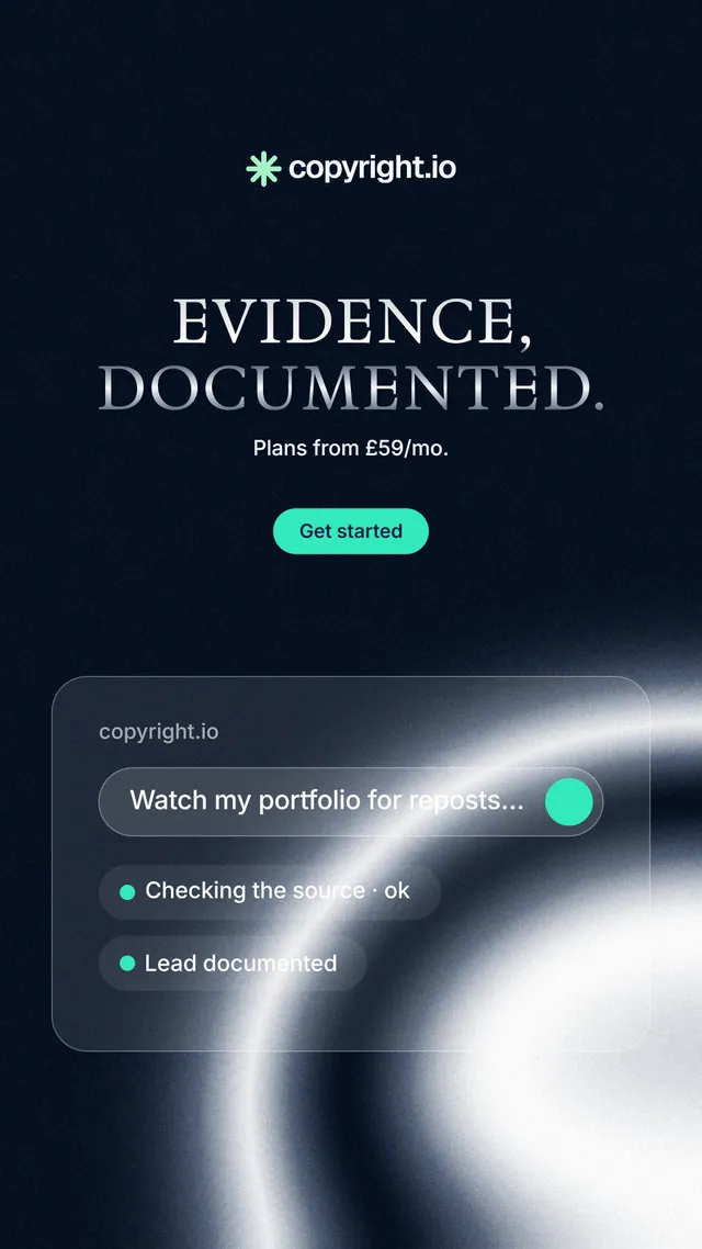 Instagram story for copyright.io: "Evidence, documented." Y2K style, centred layout, dark palette in black, blue, grey.