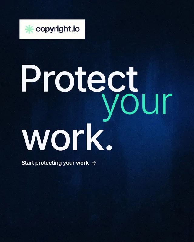 Instagram portrait post for copyright.io: "Protect your work." Minimal luxury style, stacked layout, dark palette in black, blue, grey.