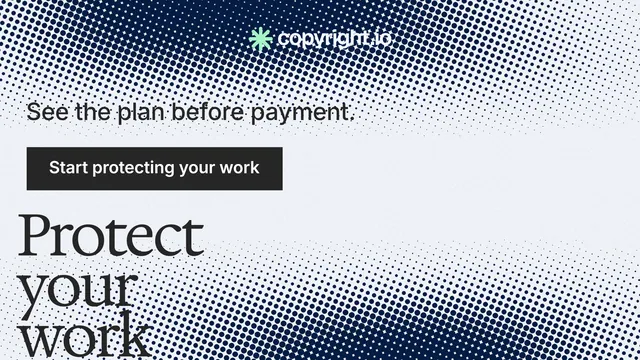 Landscape graphic for copyright.io: "Find your reposted work." Split block style, oversized layout, light palette in grey, blue, white.