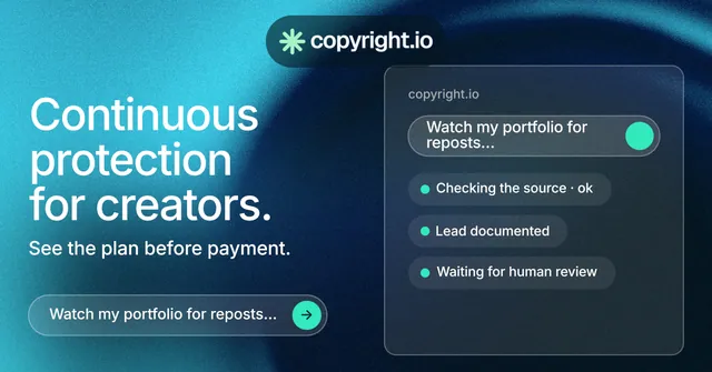 Social ad for copyright.io: "Continuous protection for creators." Agentic glass style, bottom layout, dark palette in teal, blue.