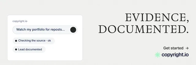 X header for copyright.io: "Evidence, documented." Minimal luxury style, right layout, light palette in white.