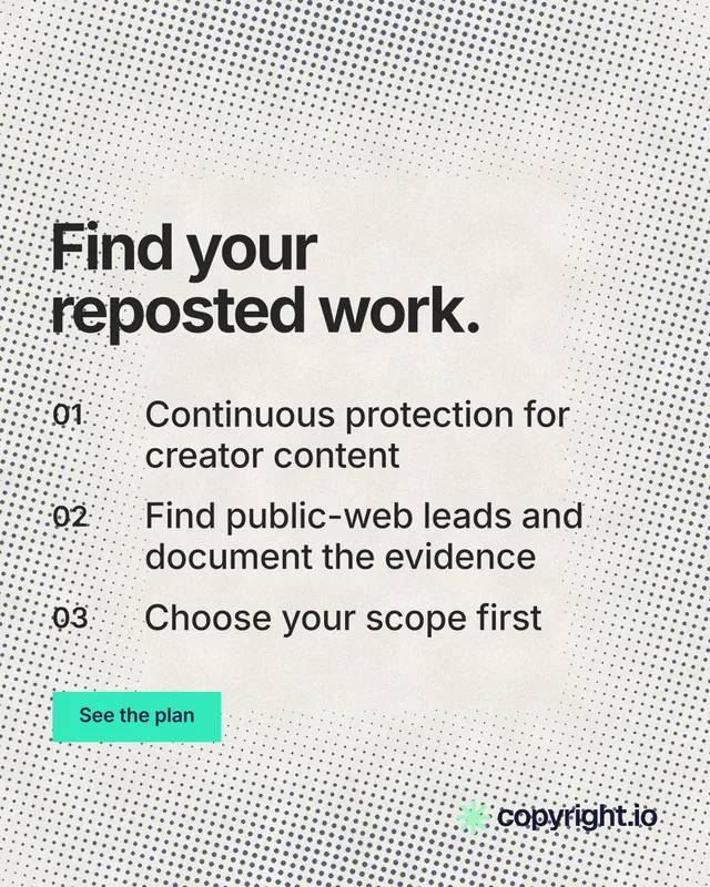 Instagram portrait post for copyright.io: "Find your reposted work." Swiss style, numbered layout, light palette in white, grey.
