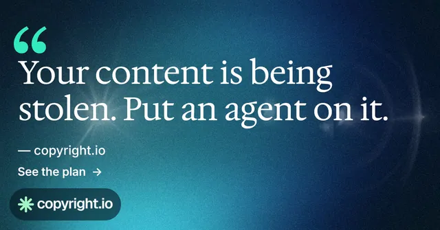 Social ad for copyright.io: "Your content is being stolen." Minimal luxury style, quote layout, dark palette in blue, teal.
