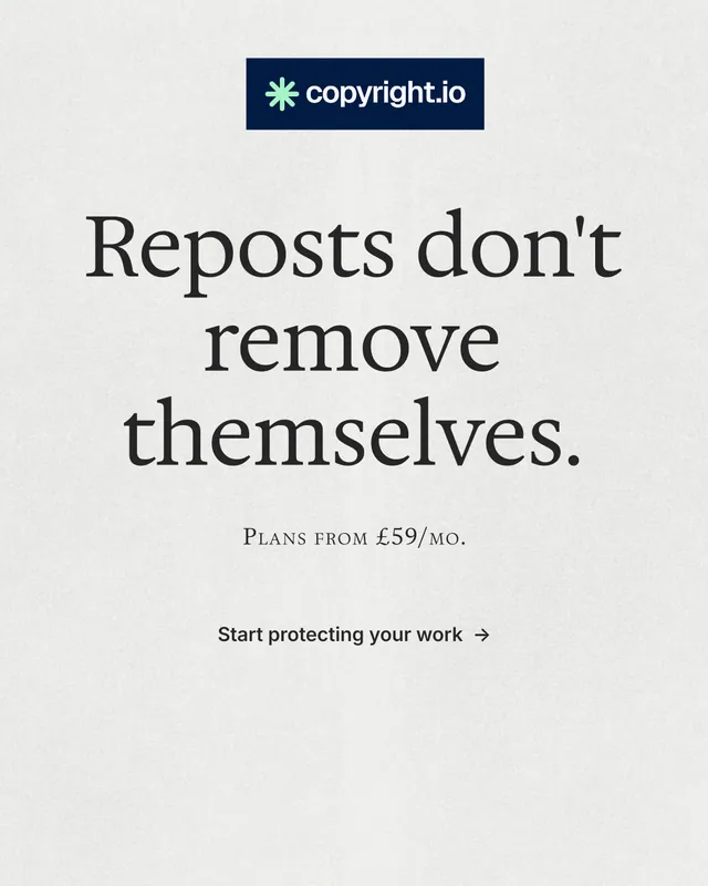 Instagram portrait post for copyright.io: "Reposts don't remove themselves." Minimal luxury style, smallcaps layout, light palette in white, grey.