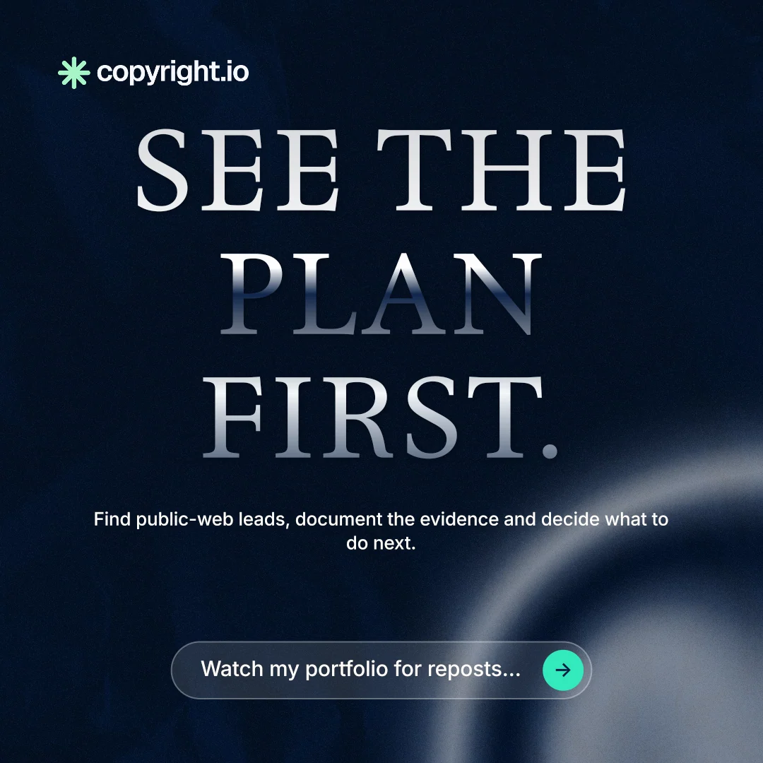 Instagram post for copyright.io: "See the plan first." Agentic glass style, centred layout, dark palette in black, grey.