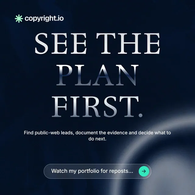 Instagram post for copyright.io: "See the plan first." Agentic glass style, centred layout, dark palette in black, grey.