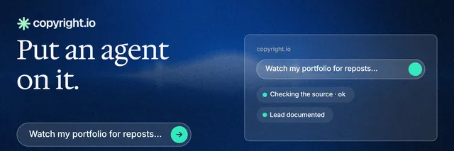 X header for copyright.io: "Put an agent on it." Agentic glass style, bottom layout, dark palette in blue.