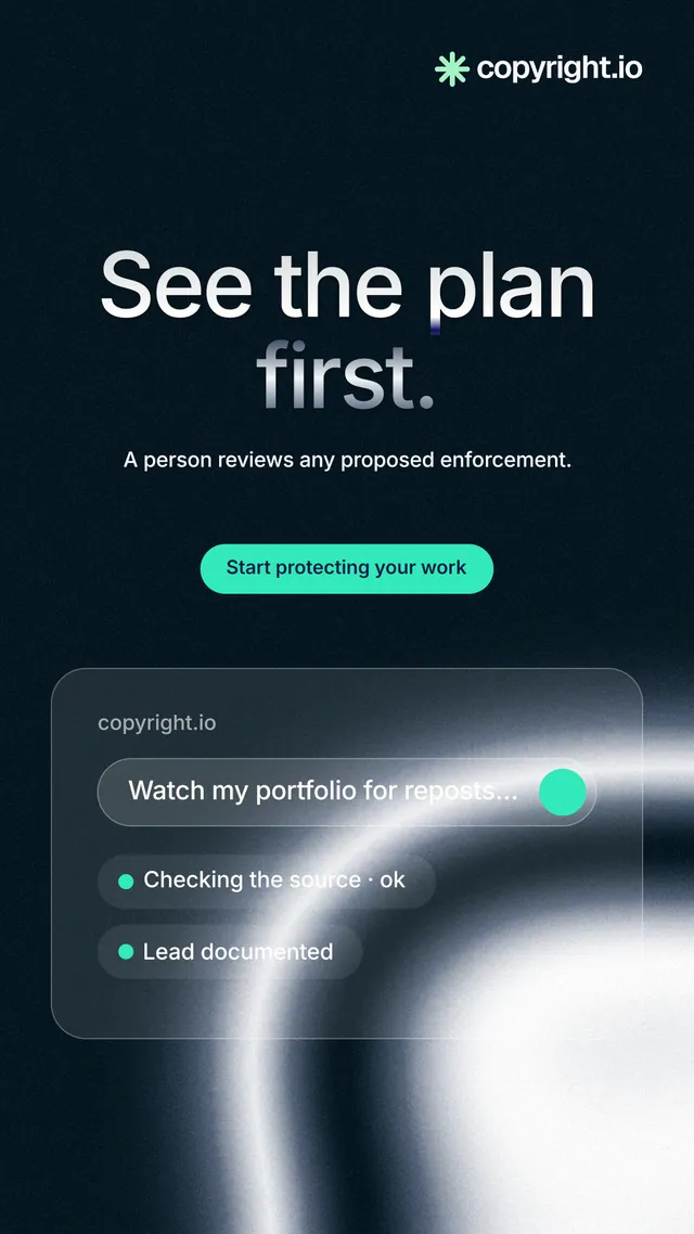 Instagram story for copyright.io: "See the plan first." Y2K style, centred layout, dark palette in black, blue, grey.