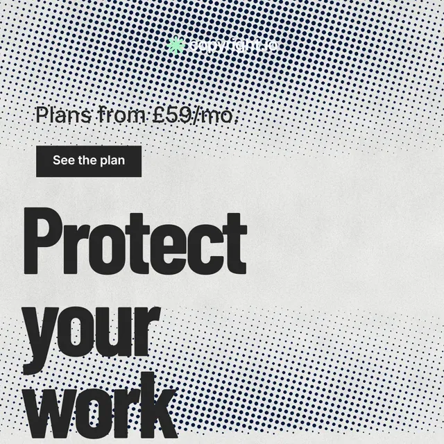 Instagram post for copyright.io: "See the plan first." Retro print style, oversized layout, light palette in grey, white.