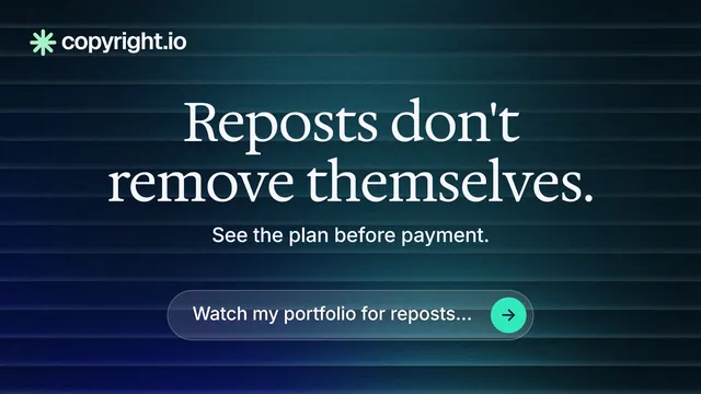 Landscape graphic for copyright.io: "Reposts don't remove themselves." Agentic glass style, centred layout, dark palette in black, blue, grey.
