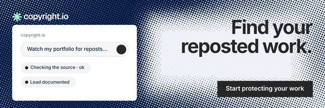 X header for copyright.io: "Find your reposted work." Swiss style, right layout, light palette in blue, grey, white.