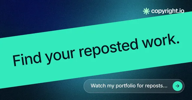 Social ad for copyright.io: "Find your reposted work." Agentic glass style, diagonal layout, light palette in teal, blue.