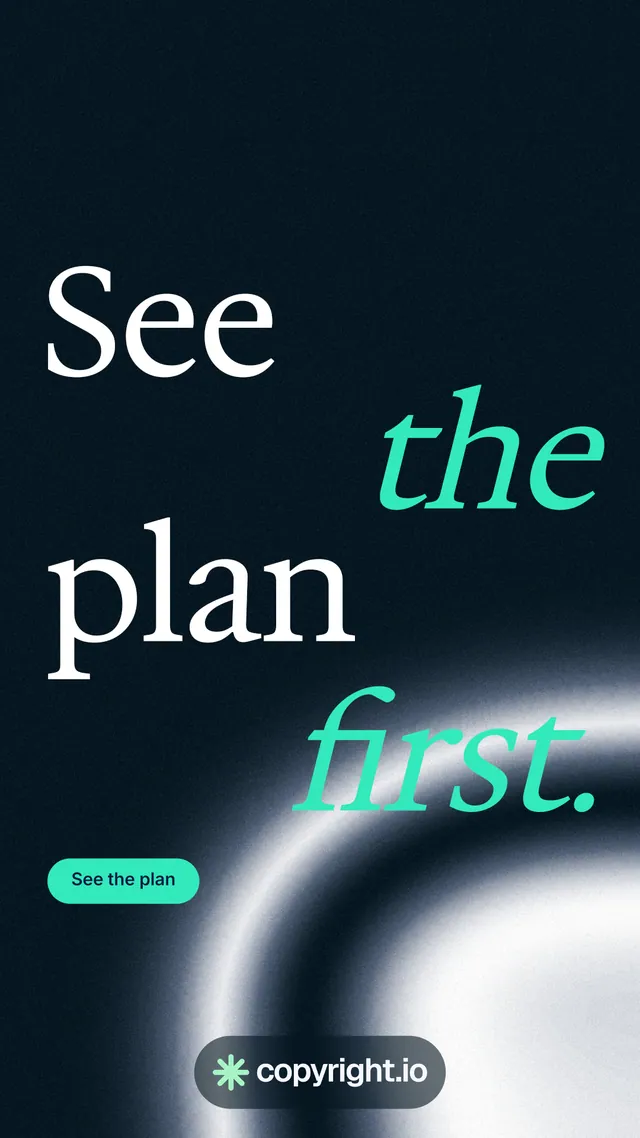 Instagram story for copyright.io: "See the plan first." Y2K style, stacked layout, dark palette in black, teal, blue.