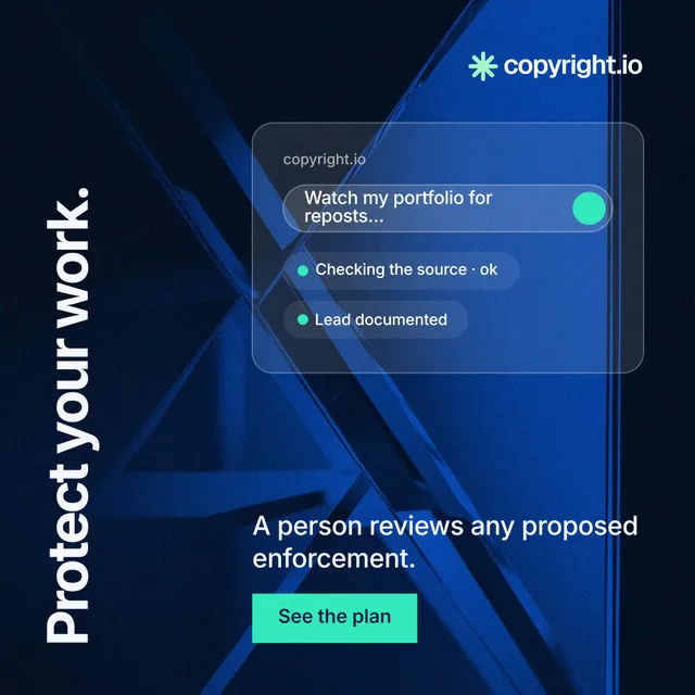 Instagram post for copyright.io: "Protect your work." Swiss style, vertical layout, dark palette in blue, black.