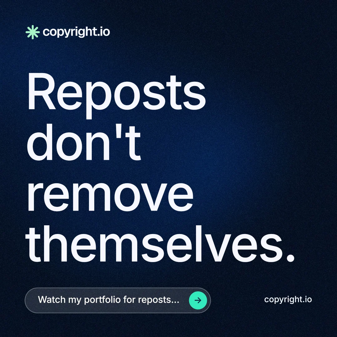 Instagram post for copyright.io: "Reposts don't remove themselves." Agentic glass style, poster layout, dark palette in blue, black, grey.