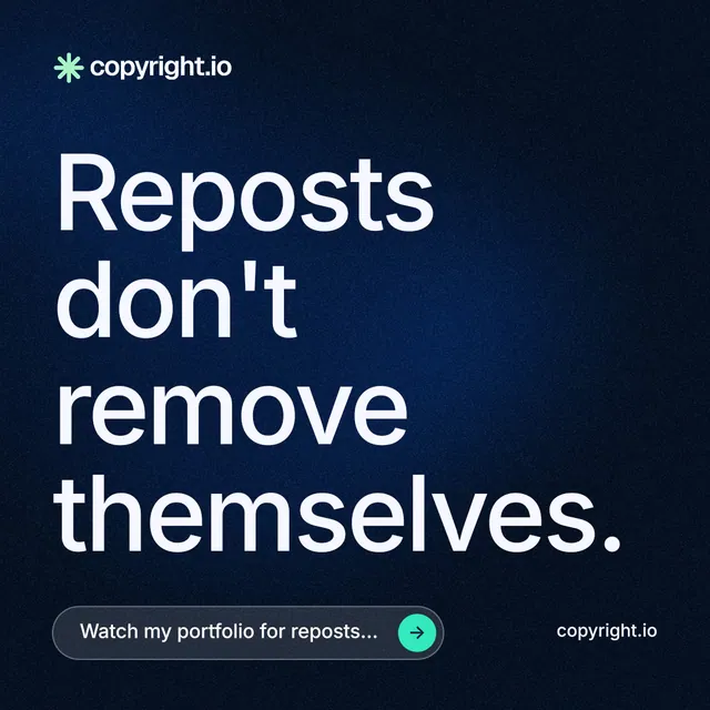 Instagram post for copyright.io: "Reposts don't remove themselves." Agentic glass style, poster layout, dark palette in blue, black, grey.