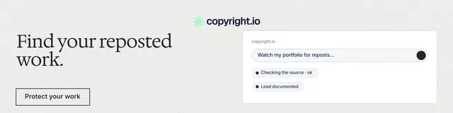 LinkedIn banner for copyright.io: "Find your reposted work." Editorial style, bottom layout, light palette in white, grey.