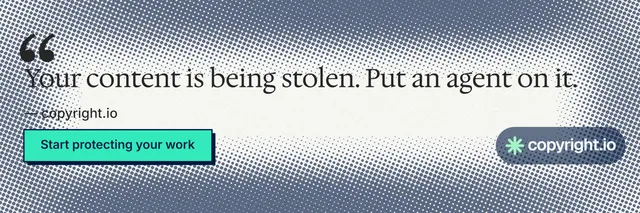X header for copyright.io: "Your content is being stolen." Brutalist style, quote layout, light palette in grey, teal, white.