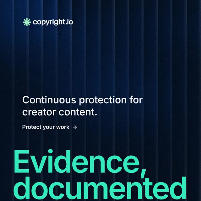 Instagram post for copyright.io: "See the plan first." Minimal luxury style, oversized layout, dark palette in black, blue, teal.
