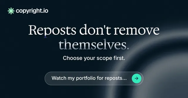 Social ad for copyright.io: "Reposts don't remove themselves." Agentic glass style, centred layout, dark palette in black, grey, blue.