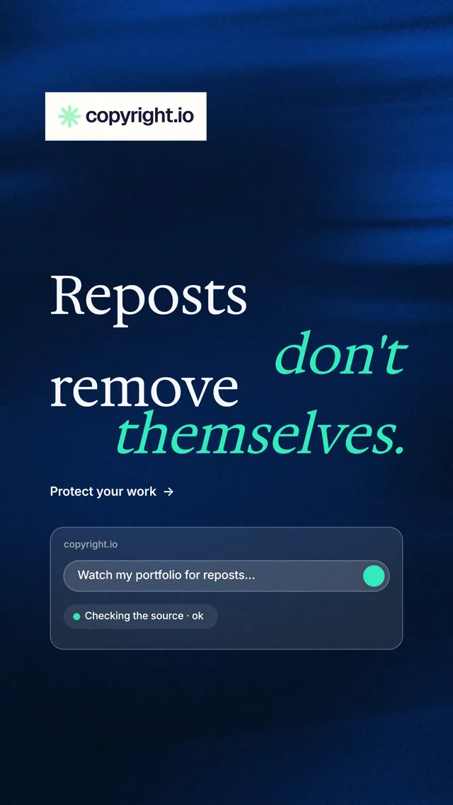 Instagram story for copyright.io: "Reposts don't remove themselves." Minimal luxury style, stacked layout, dark palette in blue, black.