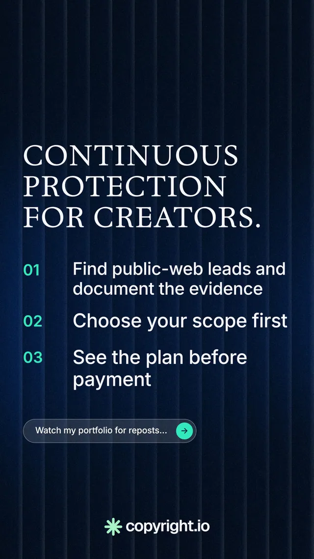 Instagram story for copyright.io: "Continuous protection for creators." Agentic glass style, numbered layout, dark palette in black, blue, grey.