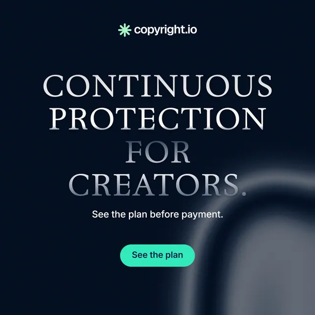 Instagram post for copyright.io: "Continuous protection for creators." Y2K style, centred layout, dark palette in black, grey.