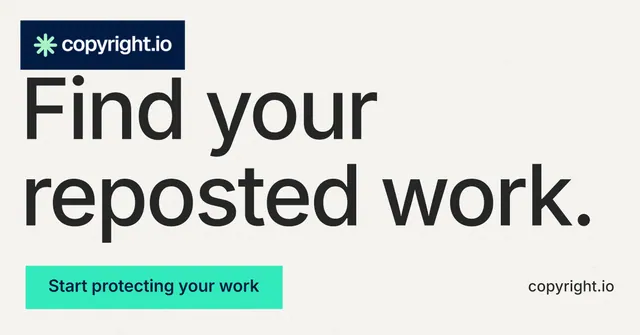 Social ad for copyright.io: "Find your reposted work." Swiss style, poster layout, light palette in white, grey.