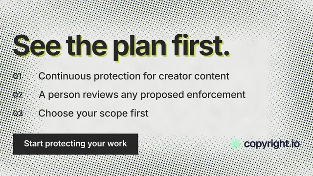 Landscape graphic for copyright.io: "See the plan first." Swiss style, numbered layout, light palette in grey, white.