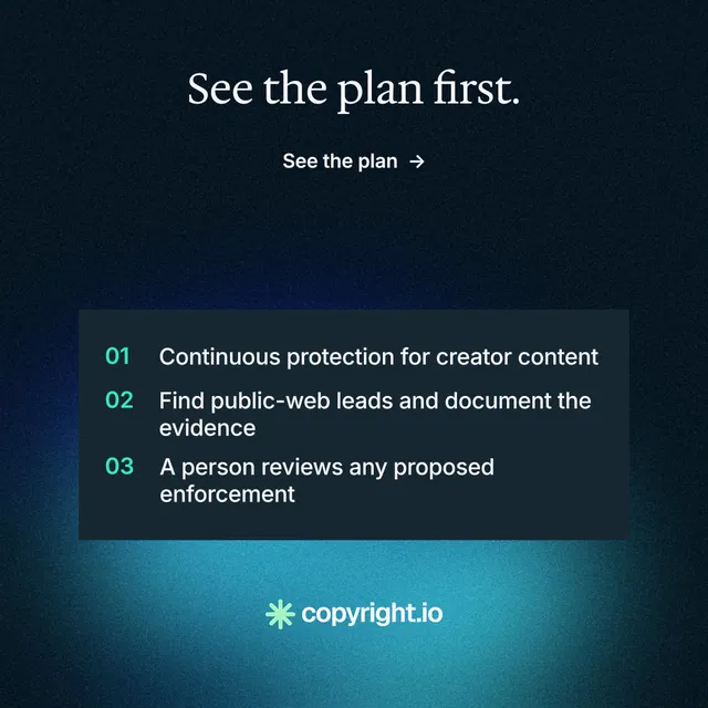 Instagram post for copyright.io: "See the plan first." Minimal luxury style, skeleton layout, dark palette in blue, black, teal.