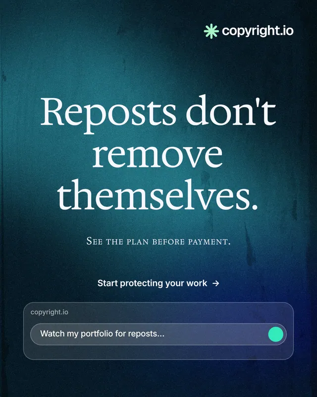 Instagram portrait post for copyright.io: "Reposts don't remove themselves." Agentic glass style, smallcaps layout, dark palette in blue, black, teal.