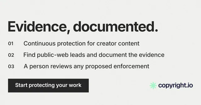 Social ad for copyright.io: "Evidence, documented." Swiss style, numbered layout, light palette in white, grey.