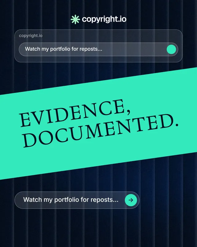 Instagram portrait post for copyright.io: "Evidence, documented." Agentic glass style, diagonal layout, dark palette in teal, black, blue.