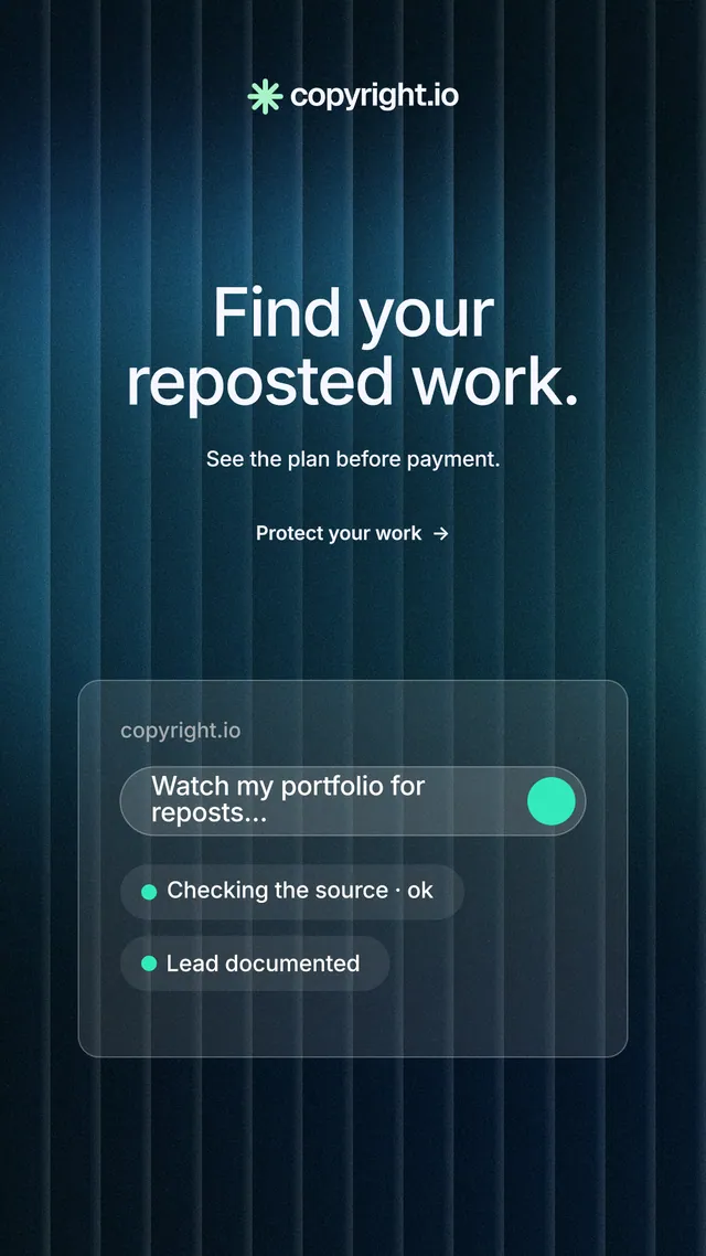 Instagram story for copyright.io: "Find your reposted work." Minimal luxury style, centred layout, dark palette in blue, black.