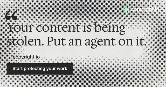 Social ad for copyright.io: "Find your reposted work." Retro print style, quote layout, light palette in grey, white.