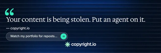 X header for copyright.io: "Your content is being stolen." Agentic glass style, quote layout, dark palette in blue, black.