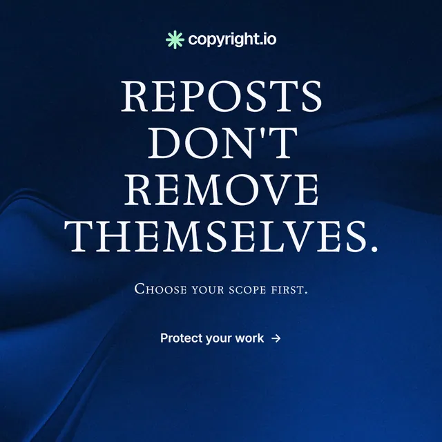 Instagram post for copyright.io: "Reposts don't remove themselves." Agentic glass style, smallcaps layout, dark palette in blue, black.