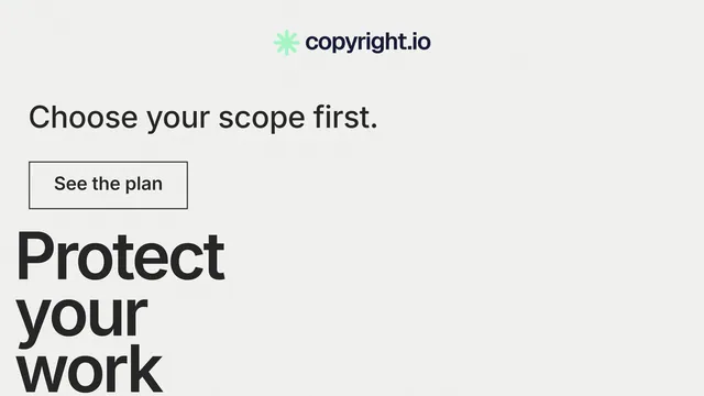 Landscape graphic for copyright.io: "Reposts don't remove themselves." Editorial style, oversized layout, light palette in white.