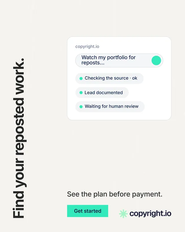 Instagram portrait post for copyright.io: "Find your reposted work." Swiss style, vertical layout, light palette in white, grey.