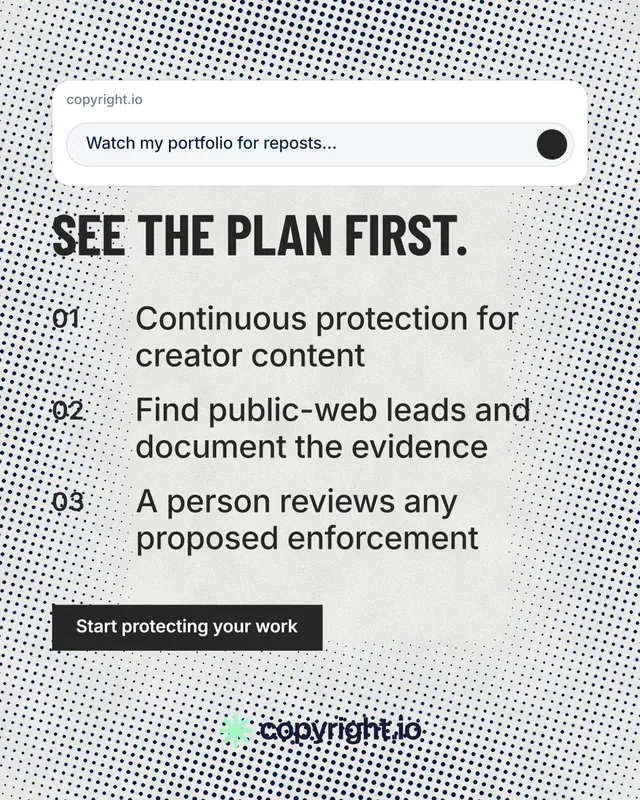 Instagram portrait post for copyright.io: "See the plan first." Retro print style, numbered layout, light palette in white, grey.
