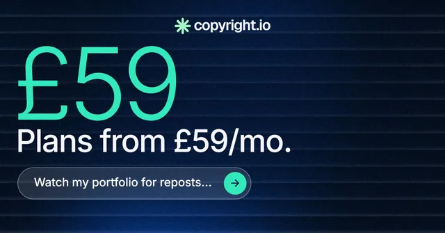 Social ad for copyright.io: "Your content is being stolen." Agentic glass style, stat layout, dark palette in blue, black, teal.