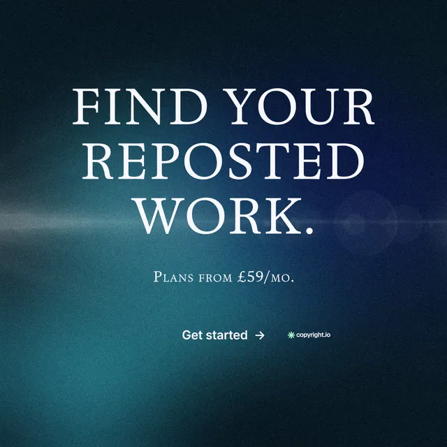 Instagram post for copyright.io: "Find your reposted work." Agentic glass style, smallcaps layout, dark palette in blue, black.