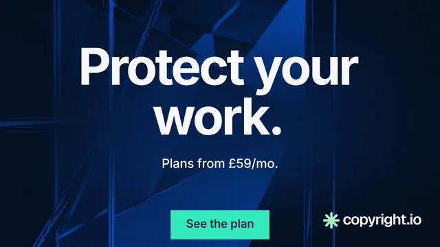 Landscape graphic for copyright.io: "Protect your work." Swiss style, centred layout, dark palette in blue, black.