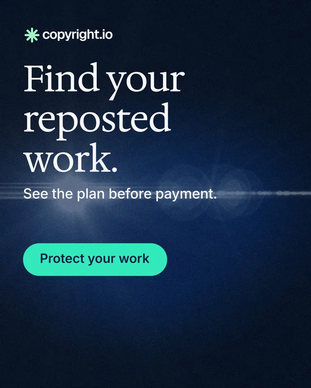 Instagram portrait post for copyright.io: "Find your reposted work." Agentic glass style, skeleton layout, dark palette in blue, black.